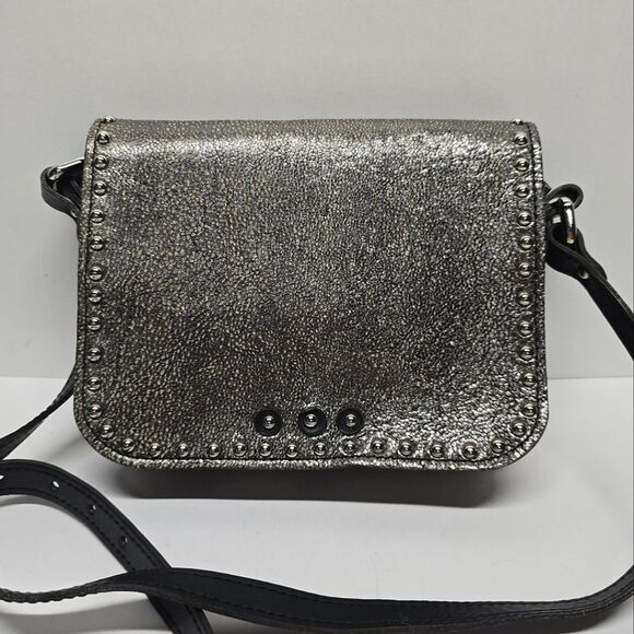 SAS Portrait Collection Studded Leather Crossbody Bag Pewter Metallic - Picture 1 of 10